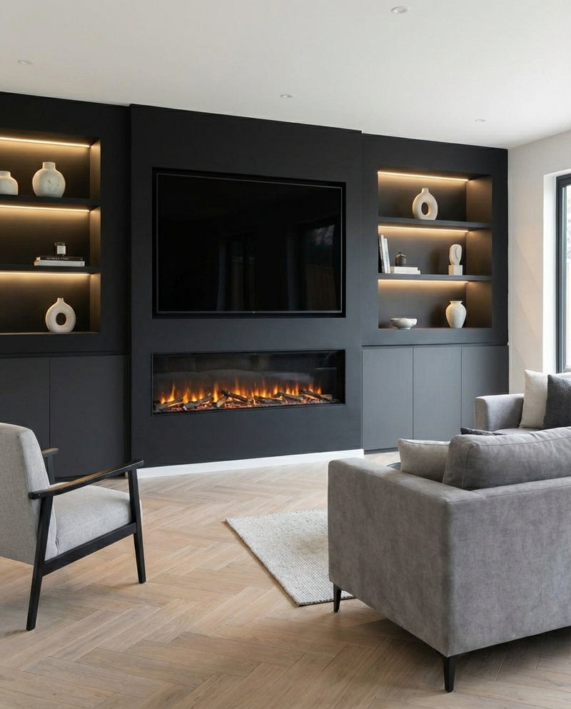 Before — Black Oak - Beige Felt - Media Wall