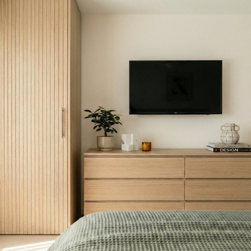 Before — Natural Oak - Beige Felt - Media wall